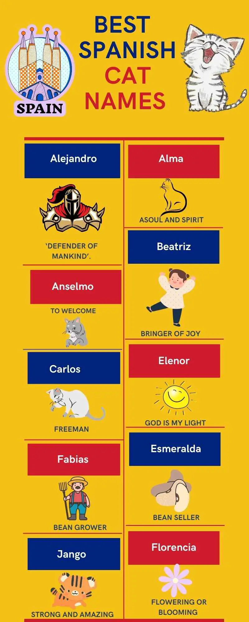This infographic shows the lsit of Spanish cat names for boys  and girls  