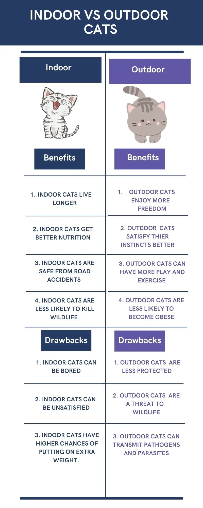 Indoor vs outdoor cats. This infographic compares the benefits and drawbacks of indoor and outdoor cats